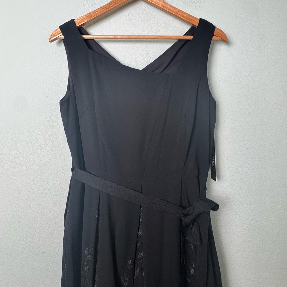 NWT Tahari ASL Black Sleeveless Openwork Chiffon Belted Bow‎ A-Line Tea Dress 8P - Picture 3 of 13